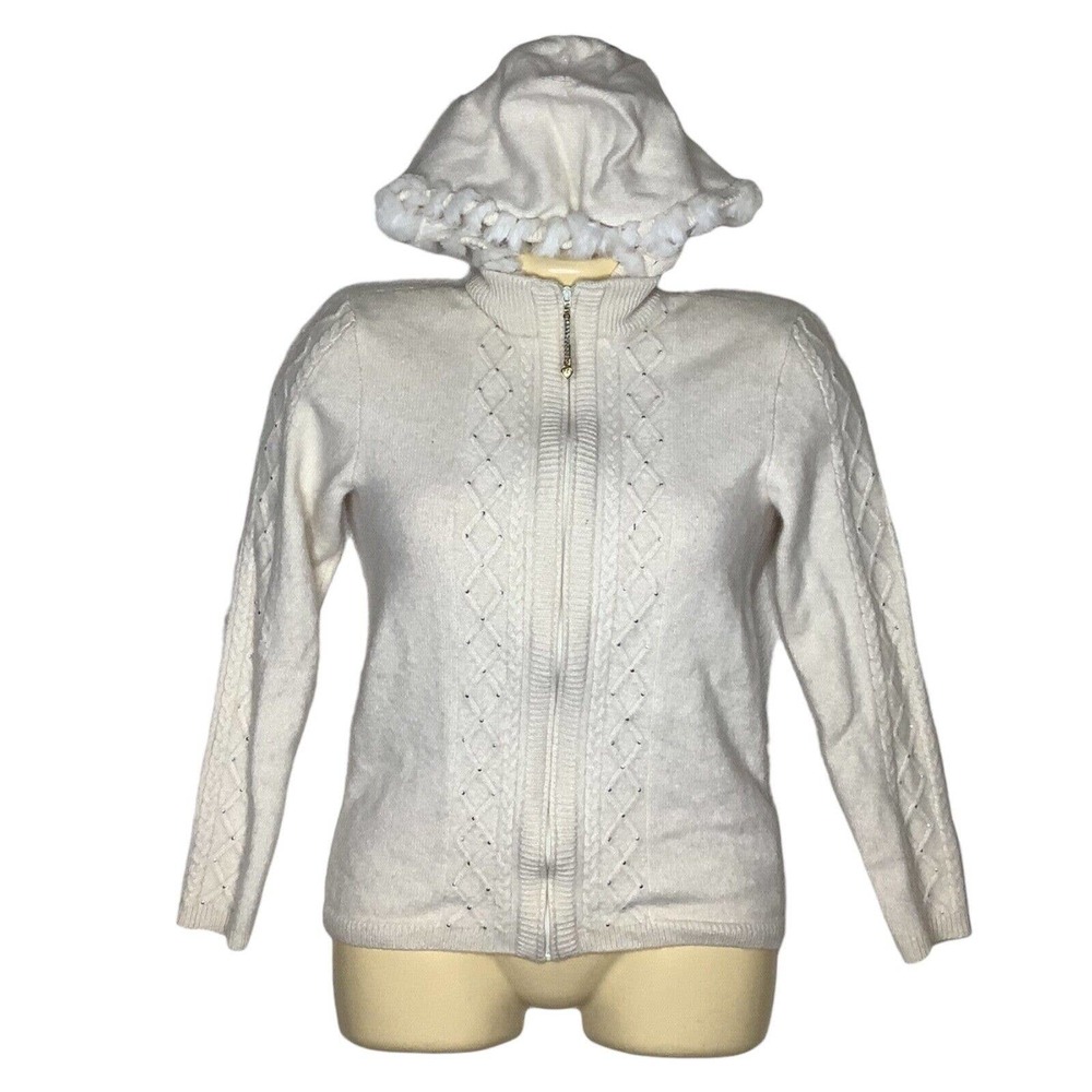 St John Sweater 2XS/XSP Cream Cashmere Beaded Zip Removable Fur Hood Cable Knit